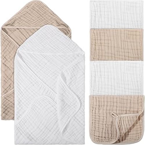 6 Pcs 6 Pcs Baby Muslin Hooded Bath Towels and Washcloths, 32 x 32 Inch Muslin Cotton Hooded Baby Towels Absorbent Hooded Blankets Newborn Infant (White,Beige)