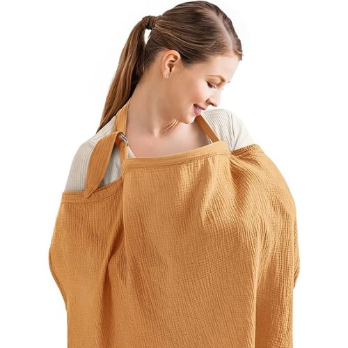 Blissful Diary Muslin Nursing Cover for Breastfeeding, Breathable Breastfeeding Cover up with Arch Neckline for Women, Nursing Apron (Retro Yellow)