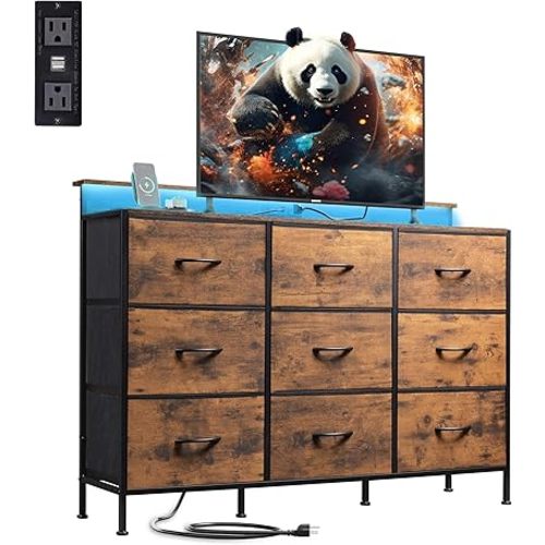 WLIVE Dresser TV Stand for 45, 50, 55 inch TV, Entertainment Center with LED Lights & Charging Station, Chest of Drawers with 9 Fabric Drawers and Open Shelves for Living Room, Hallway, Rustic Brown