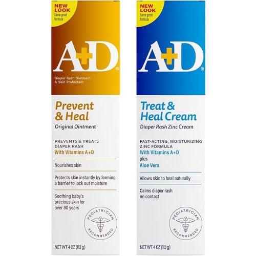 A+D Original Diaper Rash Ointment + Zinc Oxide Diaper Rash Cream 4oz Variety Pack - Prevents & Treats - Moisturizing Skin Protectant With Vitamins A & D