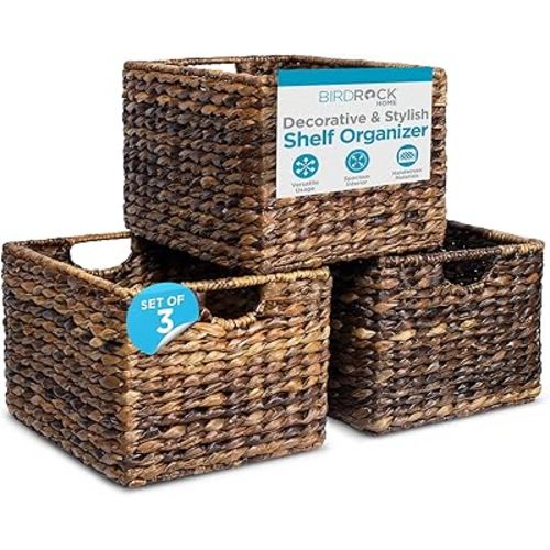 BIRDROCK HOME Woven Storage Shelf Organizer Baskets with Handles - Set of 3 - Abaca Wicker Basket - Pantry Living Room Office Bathroom Shelves Organization - Under Shelf Basket - Handwoven (Espresso)