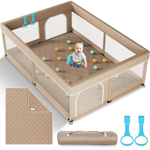 Omzer Baby Playpen with Mat 71"×59" - Extra Large Playpen for Babies and Toddlers with Mat Included, Safety Playard for Baby with Gate, All-Wrapped Soft Sponge Baby Gate Playpen with Stable Mat Velcro