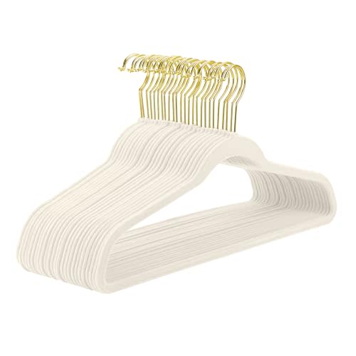 MIZGI Ivory Velvet Hangers 50 Pack,Premium Gold Clothes Hangers Non-Slip Felt Hangers,Sturdy Ivory Heavy Duty Coat,Durable Suit for Space Saving, No Flocked Hanger Marks