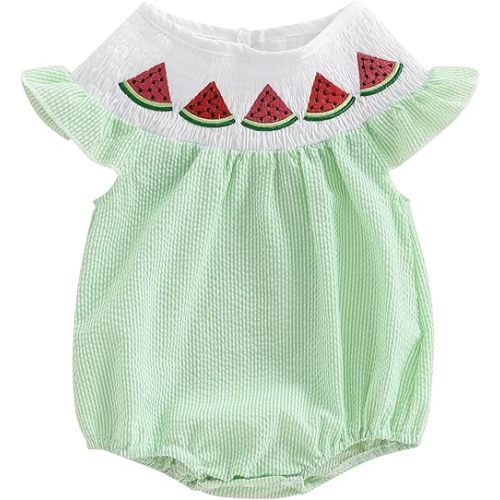 Baby Girl Watermelon Romper Sleeveless Ruffle Smocked Bubble Bodysuit with Pockets Cute One Piece Summer Outfits