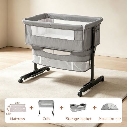 Kmaier Baby Bassinet 3 in 1 Foldable Portable Crib,6 Adjustable Height,with Wheels,Baby Bassinet Rocking-Grey