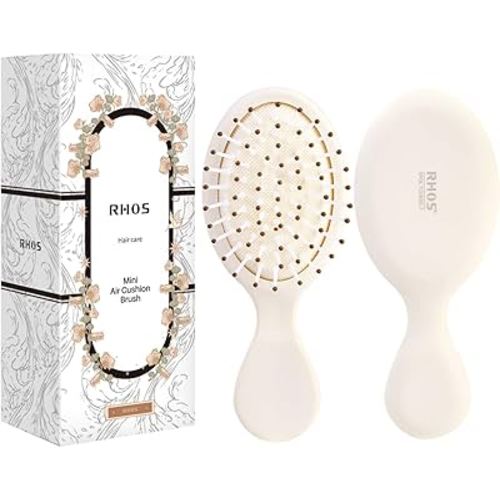 RHOS Mini Hair Brush for Women,Men and Kids-Travel Size Hair Brush for Purse,Pocket,backpack-Small Cushion Paddle Brush with Soft Bristles-Mini Detangler Brush for All Hair Types(1 Pack-Beige)