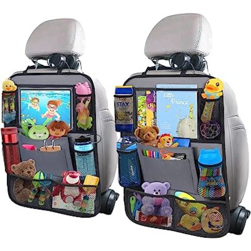 Car Backseat Organizer with 11" Table Holder, 10 Storage Pockets Seat Back Protectors Kick Mats for Kids Toddlers, Travel Accessories, 2 Pack, Gray
