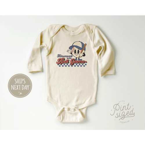 Retro Baseball Onesie® Take Me Out To The Ball Game Day Baby Onesie® - Retro Baseball Bodysuit - Cute Natural Onesie®