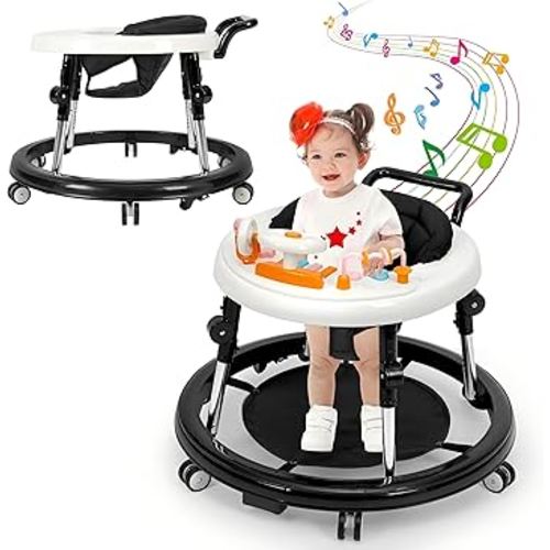 Music and Lights Baby Walker Foldable with 9 Adjustable Heights, Baby Walker with Wheels Portable, Baby Walkers and Activity Center for Boys Girls Babies 7-18 Months