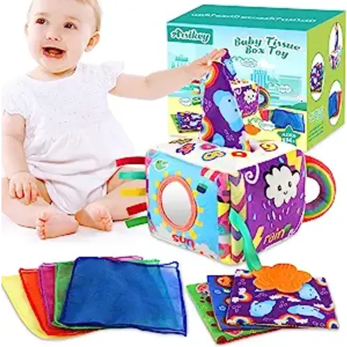Baby Tissue Box Toy - Magic Montessori Sensory Plush Toys for Babies 6 to 12 Months,with 10 Soft Scarves & 3 Crinkle Paper for Toddler, Infants, Newborns and Kids Early Learning Baby Gifts - Purple