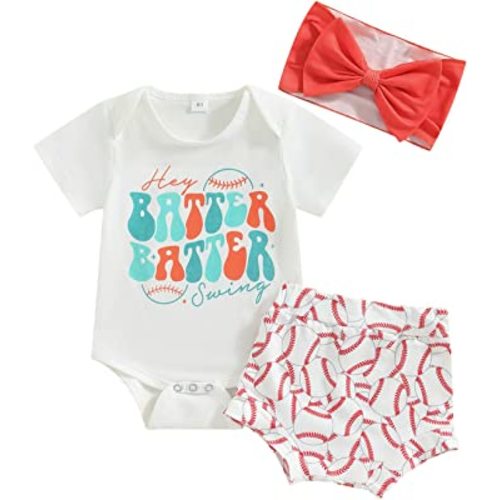 Lamuusaa Newborn Baby Girl Baseball Outfit Short Sleeve Letter Print Romper Shirts Baseball Print Shorts Headband Set
