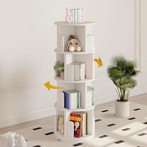 oneinmil Rotating Bookshelf, 360° Rotating Bookcase for Small Space, Corner Bookcase for Bedroom, Living Room, Study Room, 4 Tier, White