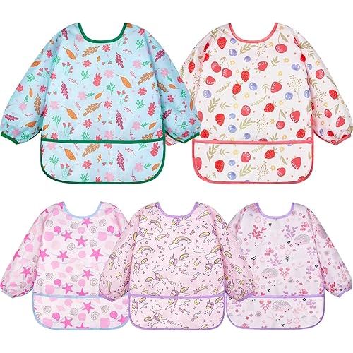 Lictin Long Sleeve Bibs 5 Pack - Baby Bibs, Waterproof Toddler Bibs, Baby Smock for Eating, Baby Bibs for Feeding Teething
