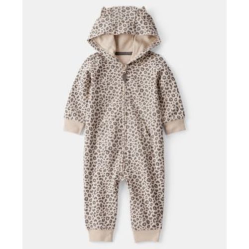 Baby Girls Cat Leopard-Print Cotton Long-Sleeve Hooded Jumpsuit