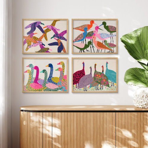 SIGNLEADER 4-Piece Colorful Bird Wall Art Set – Bright Folk Art Style Framed Prints Featuring Patterned Birds for Kids Room or Playroom Décor | Wayfair