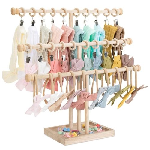 POVETIRE Headband Holder Stand Storage for Baby, 3 Tier Wooden Bow Organizer for Girls Hair Bows, Infant Hair Accessories Rack Display for Nursery Decor - Woodiness