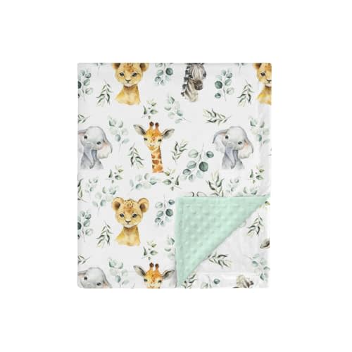 African Safari Jungle Animal Minky Baby Blanket Dotted Backing Boy Girl, Blue Elephant Giraffe Zebra Double Layer Flannel Nursery Bed Blankets, Soft Plush Newborn Infant Toddler Crib Bedding 30 x 40