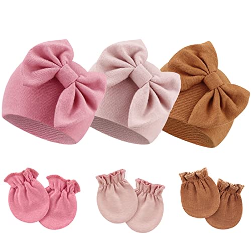 BQUBO Newborn Baby Hospital Hats Beanie Bow Infant Caps Baby Cotton No Scratch Mittens Set for 0-6 Months