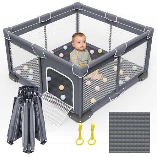 Grobeybees Foldable Baby Playpen with Mat, Foldable Playpen for Babies and Toddlers, Folding Baby Activity Center, Portable Play Yard with 2 Handlers + Suitable Size Mat(Grey, 50x50 inches)