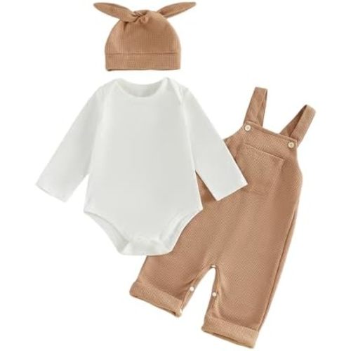 Newborn Baby Boy Clothes Infant Long Sleeve Romper Waffle Suspender Overalls Pants Hat Set Fall Winter Outfits