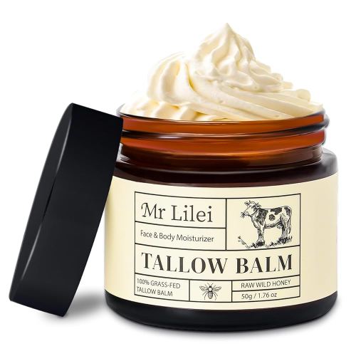 Grass-Fed Beef Tallow Balm for Skin with Raw Honey - Face & Body Moisturizer - Natural Whipped Skin Care Cream for Dry Skin- Hydrating Body Lotion for Nourishment (50g/1.76oz)