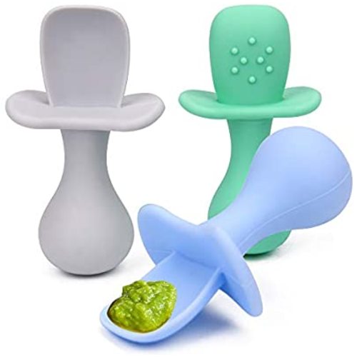 Baby Spoons - First Stage Toddler Utensils - Baby Led Weaning Spoons - 100% Food Grade Soft Silicone Anti-Choke, Best Self Feeding for Ages 6 Months+ (Blue & Green & White)