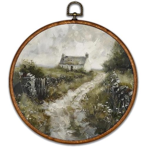 BCUANGD Vintage Landspace Round Wall Art Decor - Retro Countryside House Wall Art Canvas Frame Artwork Prints, Rustic Neutral Country Round Wall Hanging Decorations for Home Farmhouse, 10"x10"