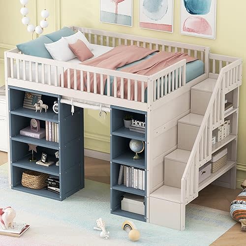 Merax Full Size Loft Bed with 2 Four-Layer Racks and Storage Staircase, Wooden Bed Frame with Curtain and Storage Cabinets, No Box Spring Needed, White+Blue