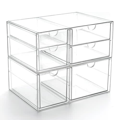 Prsildan Acrylic Drawer Makeup Organizer with 6 Drawers, Set of 2 Office Desk Organizers Accessories, Clear Stackable Storage Drawers for Vanity, Countertop, Craft, Jewelry, Art Supply Organization
