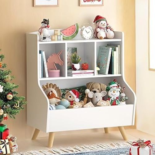 Kids Bookshelf and Toy Storage, 3-Tier Wooden Open Bookcase, Baby Book and Toy Storage Display Organizer with Spacious Top Shelf Children, Friends, Family, White