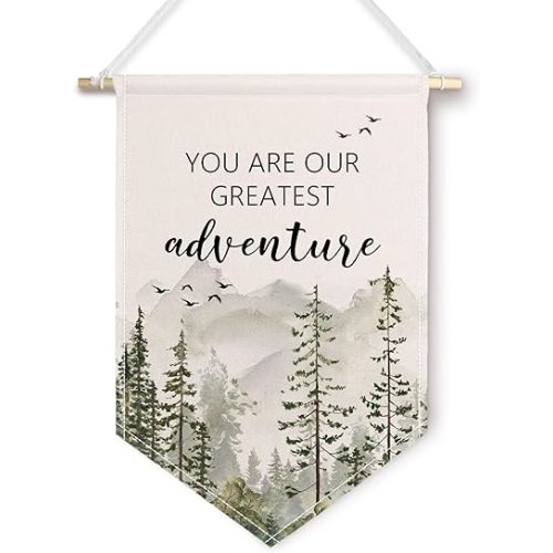 ChissNook Woodland Nursery Canvas Banner, You Are Our Greatest Adventure Mountain Forest Hanging Pennant Banner Flags Wall Display, Mountain Nursery Wall Decor for Kids Room Bedroom Playroom