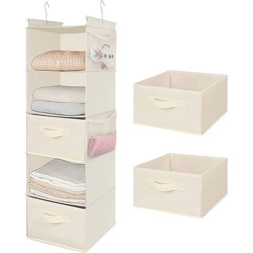 MAX Houser 5 Tier Shelf Hanging Closet Organizer, Cloth Hanging Shelf with 2 Sturdy Hooks for Storage, Foldable (Beige-D2)