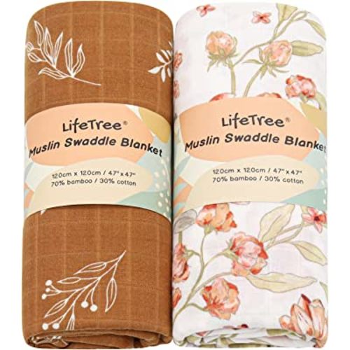 LifeTree Muslin Swaddle Blanket for Baby Girl Newborn, 2-Pack 70% Viscose from Bamboo and 30% Cotton Large Baby Swaddle Blankets (47" x 47"), Floral & Tan Leaf