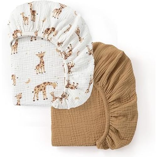david's kids Muslin Crib Sheets for Boys Girls, 2 Pack 100% Cotton Soft Breathable Fitted Baby Neutral Sheet Set, Standard 52"x28" Crib and Toddler Mattress, Giraffe