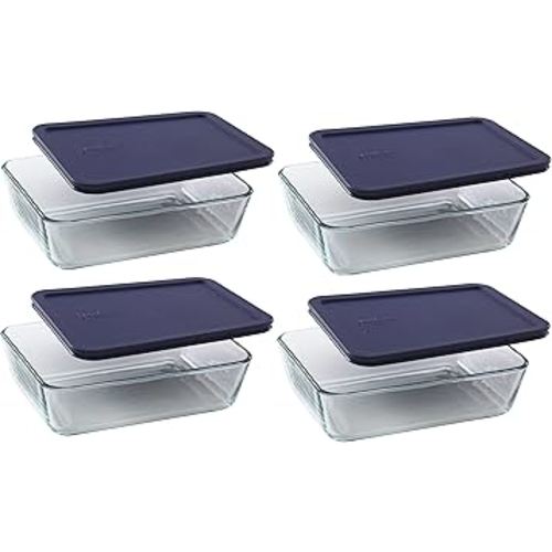 Pyrex 6-cup 7211 Rectangle Glass Food Storage Containers with Blue Plastic Lids - 4 Pack Made in the USA