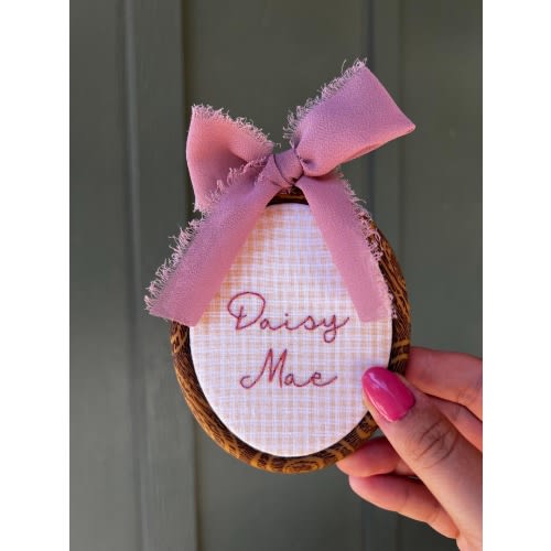 Mauve Thread Hand Embroidered Gingham Mini Name Hoop: Custom Nursery Decor