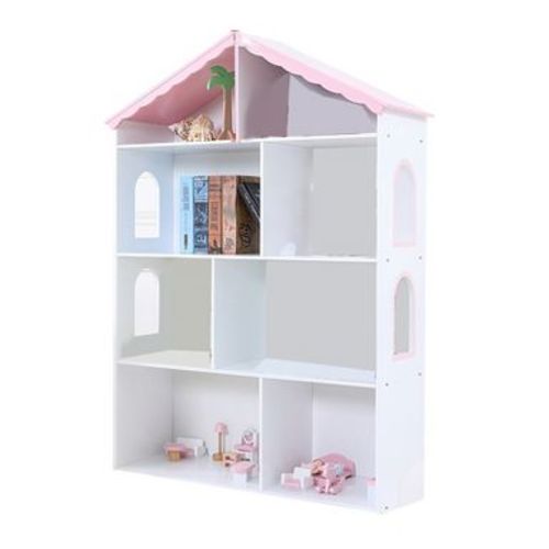 Angel Sar Wooden Kids Bookcase, 4-Tier Toy and Book Storage Organizer with Roof Design, White MDF Construction, Easy Assembly for Bedroom and Playroom
