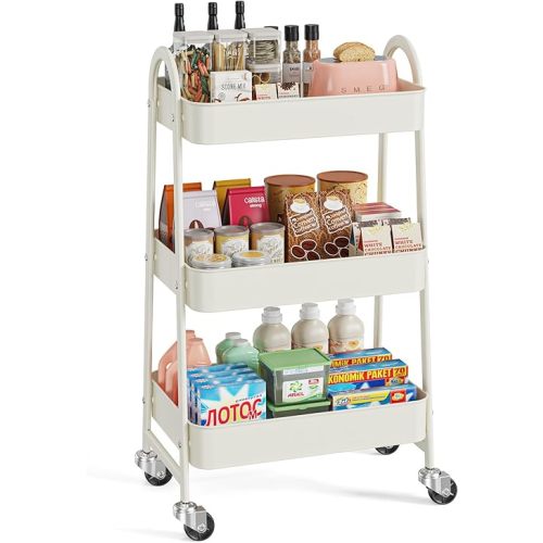 Sweetcrispy 3 Tier Metal Storage Utility Cart with Wheels, Kitchen Organizer Trolley Rolling Bathroom Laundry Room Bar Office Shelves Mobile Shelving Unit Caster for Snack Bedside Narrow Places