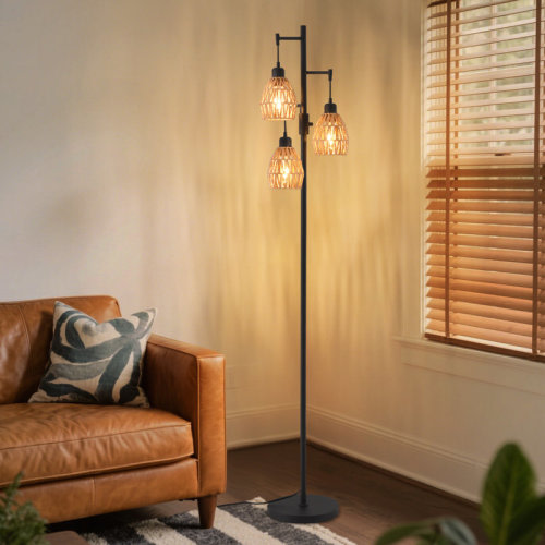Bay Isle Home™ Farmhouse Boho Rattan Floor Lamp - 70'' Dimmable Standing Lamp with Handmade Rattan Cage Shade & Reviews | Wayfair