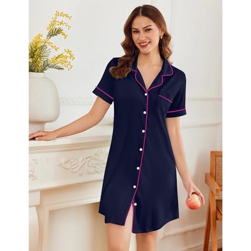 Ekouaer Nightgowns for Women Button Down Sleepshirt - Navy - XL