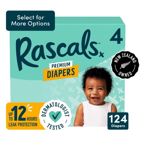 Rascals Premium Diapers, Size 4, Carton, 124 Count, Unisex Baby Diaper
