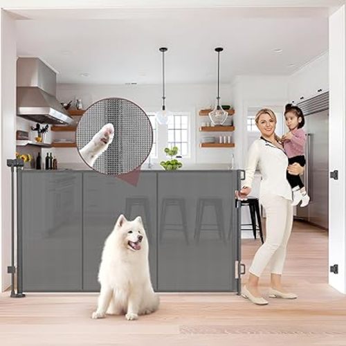 Reinforced 41 Inch Extra Tall Pet Gate 80" Extra Wide Retractable Baby Gate with Support Rods – Prevents Crawling Under, Indoor Extra Tall Baby Gates for Doorways Outdoor Retractable Dog Gate, Gray