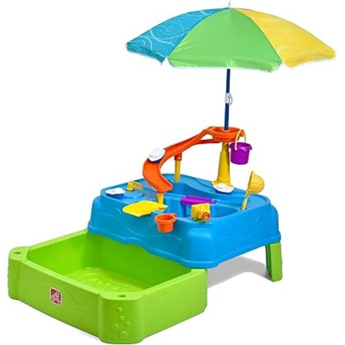 Step2 Waterpark Wonders Two Tier Water Table, Kids Water Activity Sensory Playset with Umbrella, Garden Hose Sprinkler Attachment, 11 Piece Accessories, Outdoor Summer Toy, Ages 18 Months+, Blue