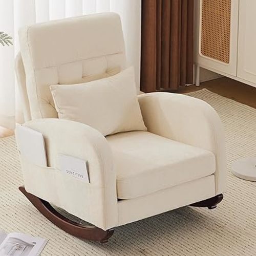 VINGLI Chenille Low Seat Rocking Chair,Upholstered Nursery Glider Chair with Side Pockets,Accent Arm Chair with High Backrest,Comfy Head Rest, and Solid Wood Base For Living Room Bedroom Balcony,Beige