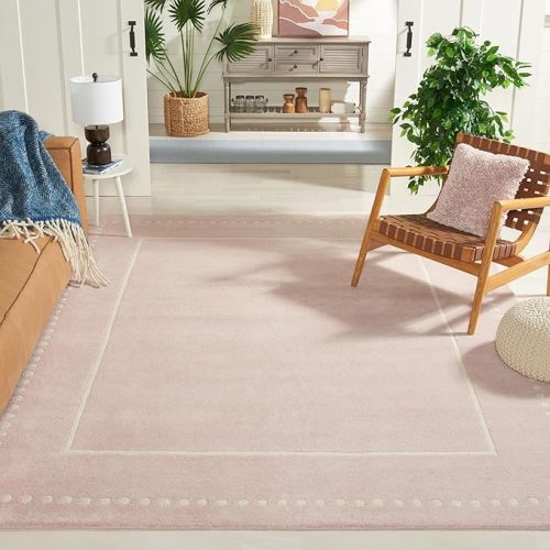 SAFAVIEH Bella Collection Area Rug - 9' x 12', Light Pink & Ivory, Handmade Dotted Border Wool, Ideal for High Traffic Areas in Living Room, Bedroom (BEL151M)