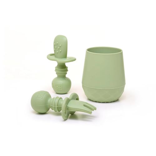 Tooshka® Baby Utensil Set (3 pcs) - Self Feeding Spoons and Tiny Cup - Silicone & BPA Free - Baby-Led Weaning (BLW) Supplies - Ages 6+ Months - Green Baby Cup & Utensils