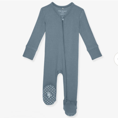 Solid Blue Long Sleeve Slate Waffle Footie Zippered One Piece | Posh Peanut®