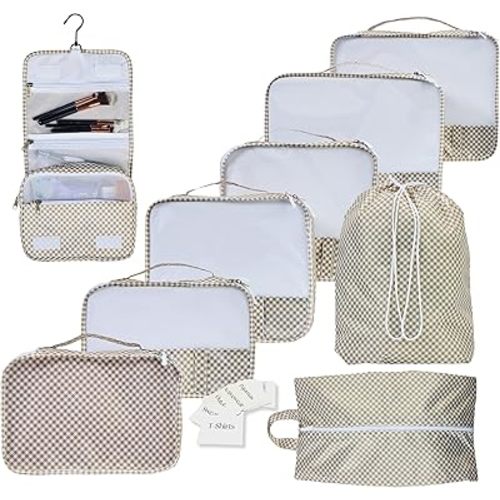 9 Set Packing Cubes - Suitcase Organizer, Cute Packing Cubes, Travel Bags Organizer for Luggage with Hanging Toiletry and Shoe Bag, Travel Essentials for Women, Men and Kids -Stripe