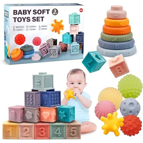 Montessori Toys for Babies 6-12 Months, Soft Baby Blocks Toys Set, 3 in 1 Infant Stacking Building Blocks, Teething Toys Sensory Balls Educational Learning Toys for Toddlers 3-6-9-11 Months Boys Girls