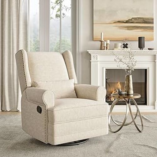 Swivel Recliner Chair with Extra Large Footrest, Comfy Upholstered Glider Rocking Chair for Living room, Bedroom and Ofice, Beige